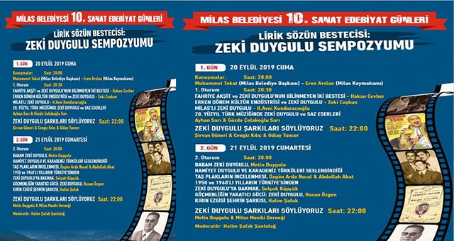 Milas Belediyesi “Sanat Edebiyat Günleri” Cuma günü başlıyor. Bu yılın konusu:  LİRİK SÖZÜN BESTECİSİ ZEKİ DUYGULU