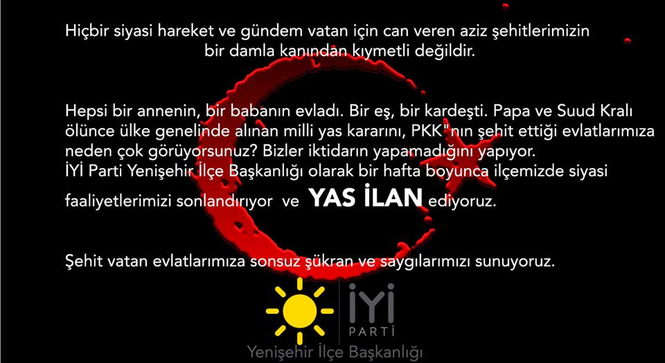 Bursa Yenişehir'de İyi Parti Siyasi Faaliyetlerini Durdurdu!