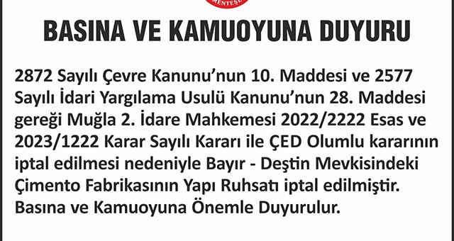 Deştin Çimento Fabrikası’nın yapı ruhsatı da iptal edildi