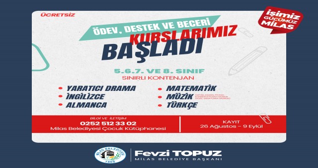 MİLAS BELEDİYESİ’NİN ÜCRETSİZ “ÖDEV DESTEK VE BECERİ KURSLARI” BAŞLIYOR!