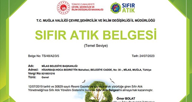 Milas Belediyesi sıfır atık belgesi aldı